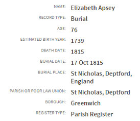 Elizabeth Apsey Burial